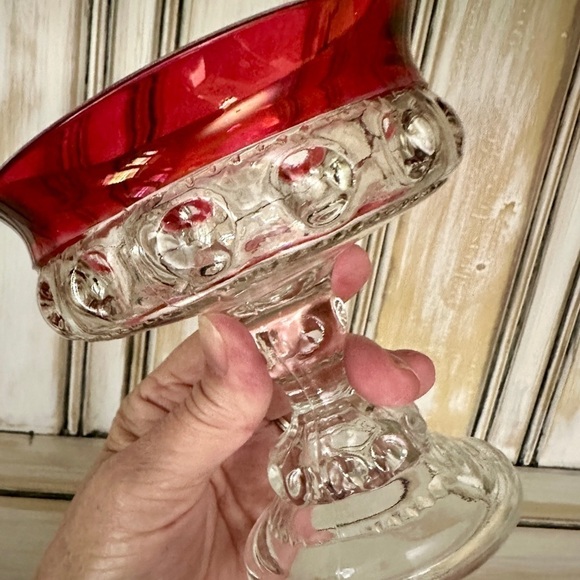 VINTAGE, KINGS CROWN, RUBY THUMBPRINT COMPOTE IN THE TIFFIN STYLE. - Picture 7 of 10